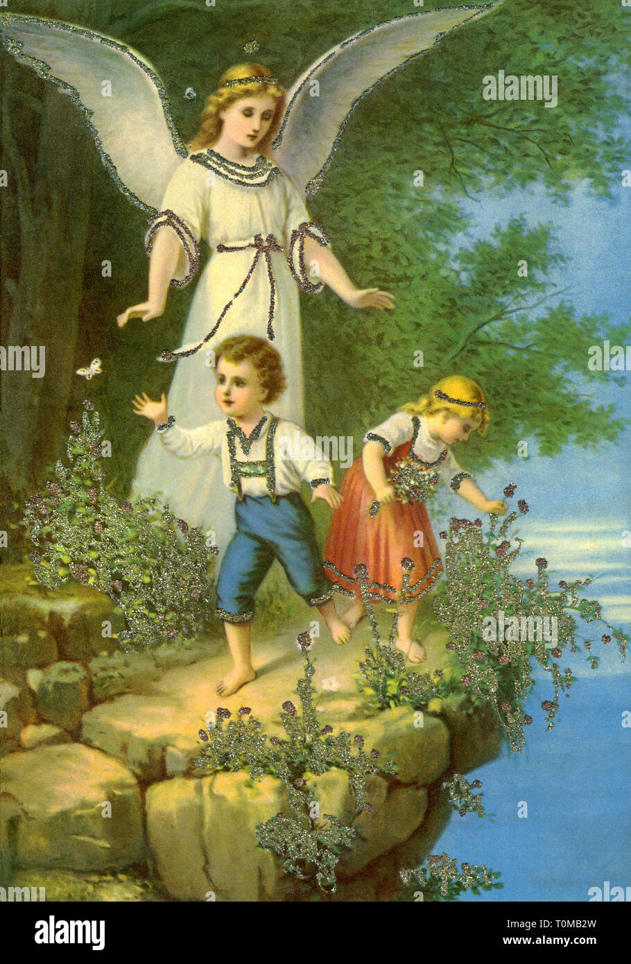 Religion, Christentum, Engel, Schutzengel Bild mit gepatchten Glitter, Lithographie, Deutschland, um 1910, Additional-Rights - Clearance-Info - Not-Available Stockfoto