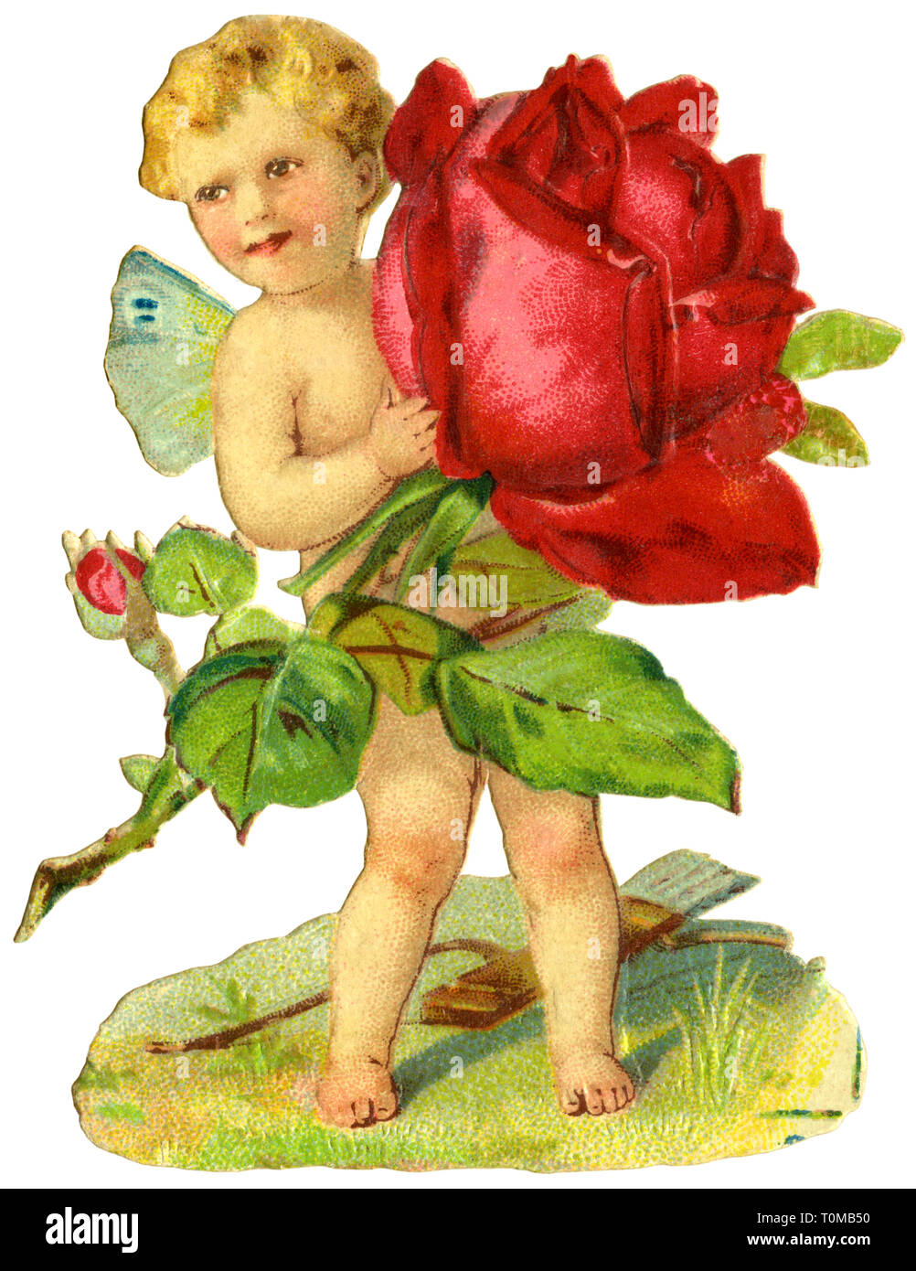 Kitsch, Engel mit Rose Branch, litograph, Deutschland, 1893, Additional-Rights - Clearance-Info - Not-Available Stockfoto