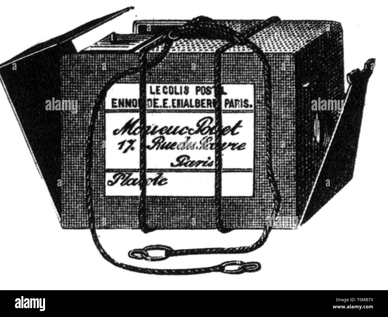 Fotografie, Kameras, maskiert als Paket von E.Enjalbert, Holzstich, 1887, Additional-Rights - Clearance-Info - Not-Available Stockfoto