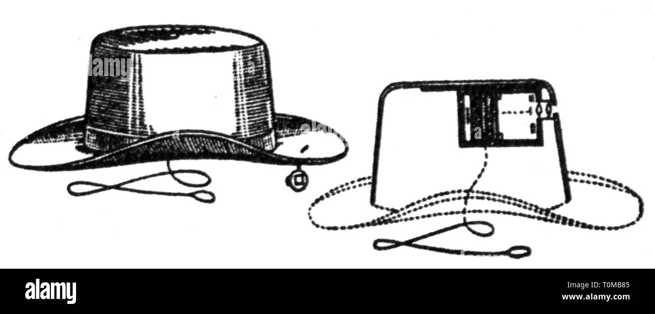 Fotografie, Kameras, Kamera in einen Hut versteckt, von Hals, Brüssel, Holzstich, 1884, Additional-Rights - Clearance-Info - Not-Available Stockfoto