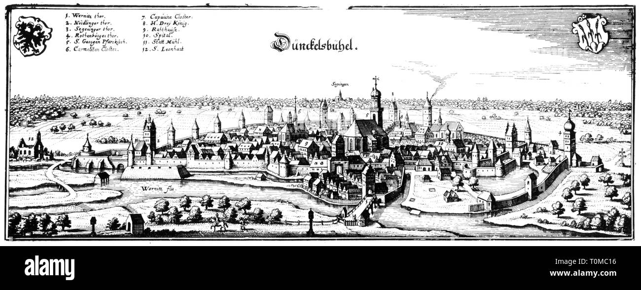 Geographie/Reisen, Deutschland, Dinkelsbühl, Aussicht, Kupferstich von Matthäus Merian, "Topographia Sueviae", 1643, Artist's Urheberrecht nicht gelöscht werden Stockfoto