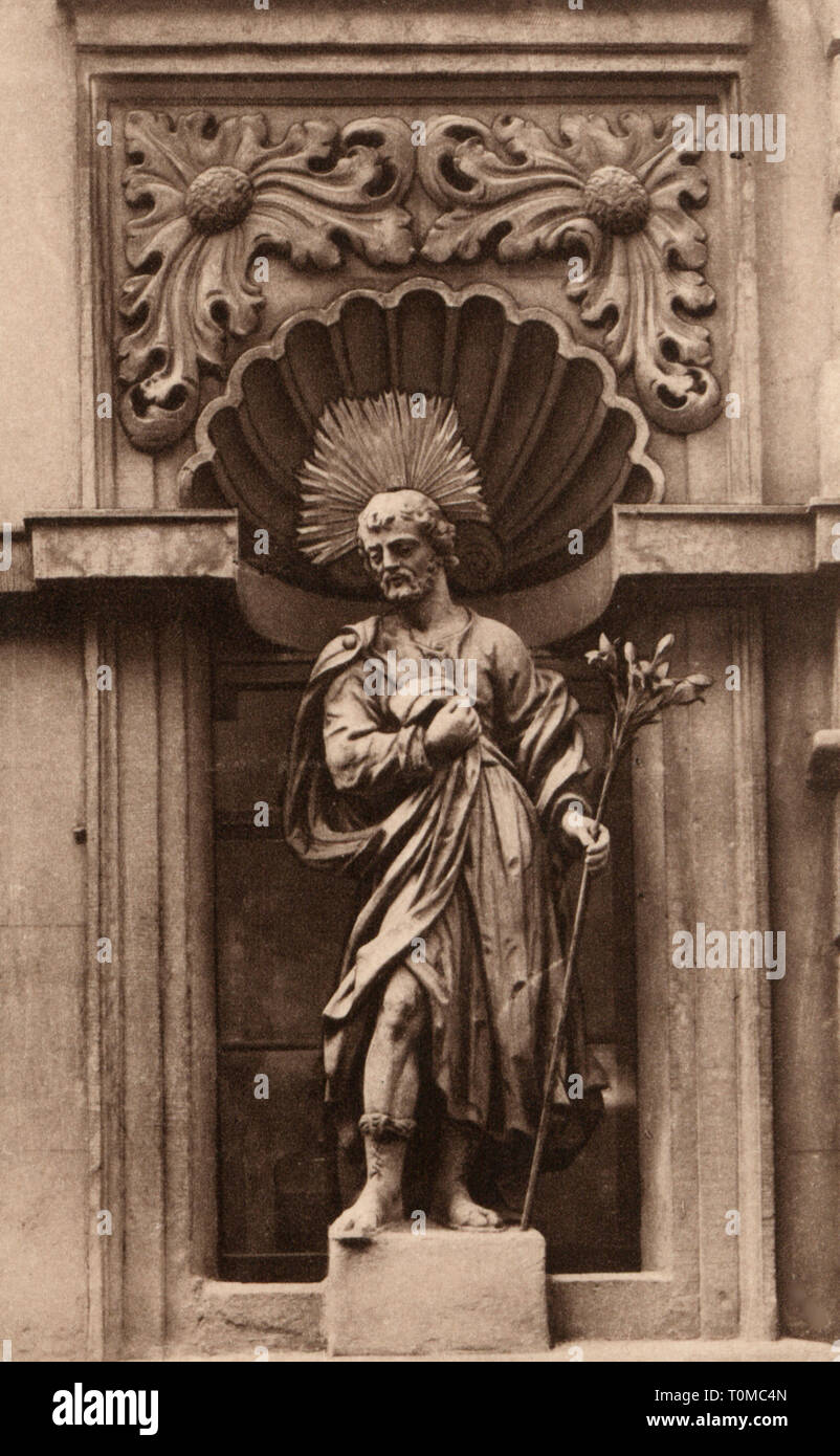 Geographie/Reisen, Deutschland, Würzburg, Bau, Details, Skulptur an einem Haus in der Semmelstrasse, Ansichtskarte, Verlag Hermann A. Peters, 1920er Jahre, Additional-Rights - Clearance-Info - Not-Available Stockfoto