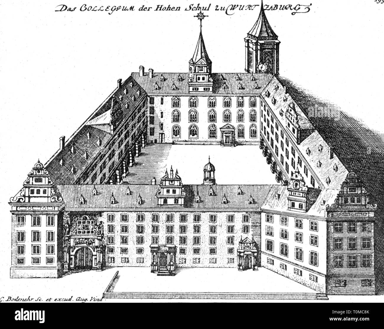 Pädagogik, Universität Würzburg, Gebäude, Außenansicht, Kupferstich, um 1700, Artist's Urheberrecht nicht geklärt zu werden. Stockfoto