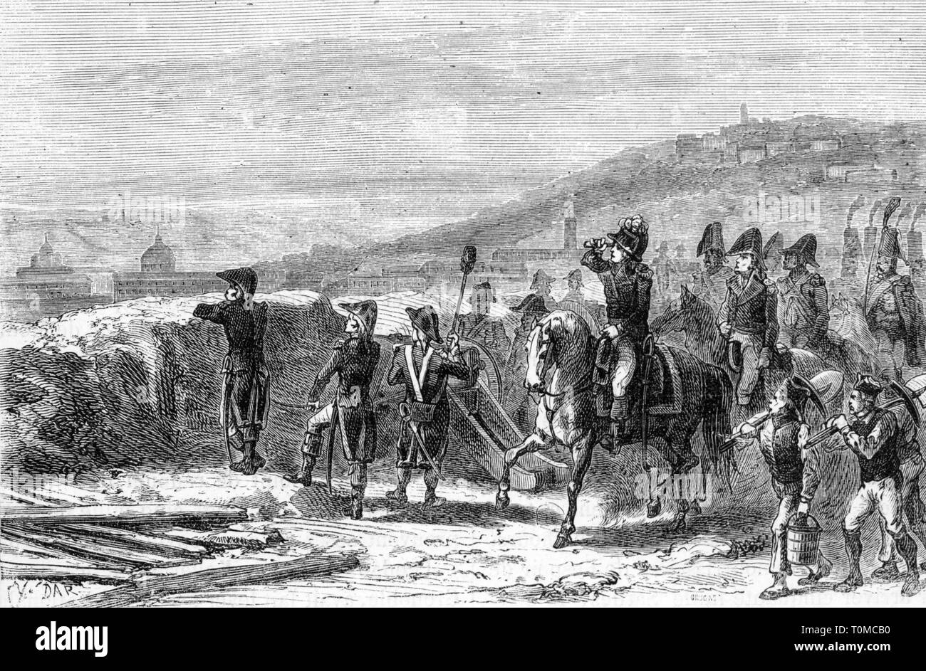 Französische Revolution 1789 - 1799 Aufstand in Lyon 1793, Belagerung durch die Truppen der nationalen Übereinkommen vom 9.8. - 9.10.1793, Holzstich, 2. Hälfte 19. Jahrhundert, Soldaten, Soldat, Militär, Armee der Alpen, Allgemein, Generäle, Aufstände, Revolten, Girondisten, Stadt, Frankreich, Erste Republik, Terror, Terror, Terror, La terreur, Bürgerkrieg, 18. Jahrhundert, Menschen, Revolution, Revolutionen, Belagerung, Belagerungen, Position, Positionen, historische, geschichtliche, künstlerische Urheberrecht nicht geklärt zu werden. Stockfoto