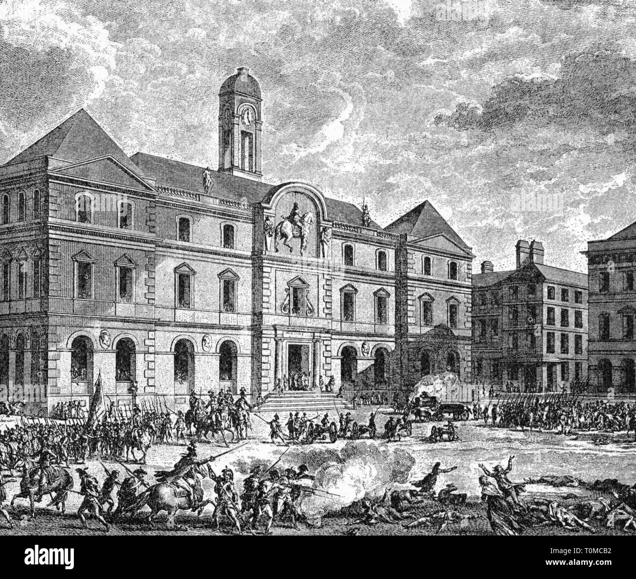 Französische Revolution 1789 - 1799 Massaker in Lyon 1793, Tribunal von den Truppen der nationalen Übereinkommen, Schießen der 14.12.1793, zeitgenössischer Kupferstich von Chossard nach Zeichnung von Jean Duplessi-Bertraux, Soldaten, Soldat, Militär, Armee der Alpen, Aufstand, steigende, Aufstände, Girondisten, Stadt, Frankreich, Erste Republik, carnage, Massenerschießungen, Ausführung, Hinrichtungen, Terror, Terror, Terror, La terreur, Bürgerkrieg, 18. Jahrhundert, Menschen, Duplessi - Bertraux, Revolution, Revolutionen, Gericht, Gerichte, historische, geschichtliche, künstlerische Urheberrecht nicht gelöscht werden Stockfoto