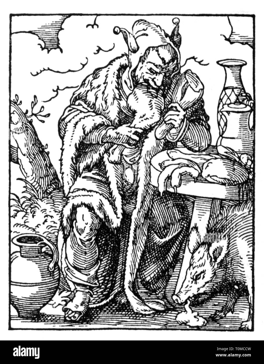 Menschen, Allegorien, "Die essen Fool', Holzschnitt, der taendebuch' von Jost Amman, Frankfurt am Main, 1568, mit Versen von Hans Sachs, Additional-Rights - Clearance-Info - Not-Available Stockfoto