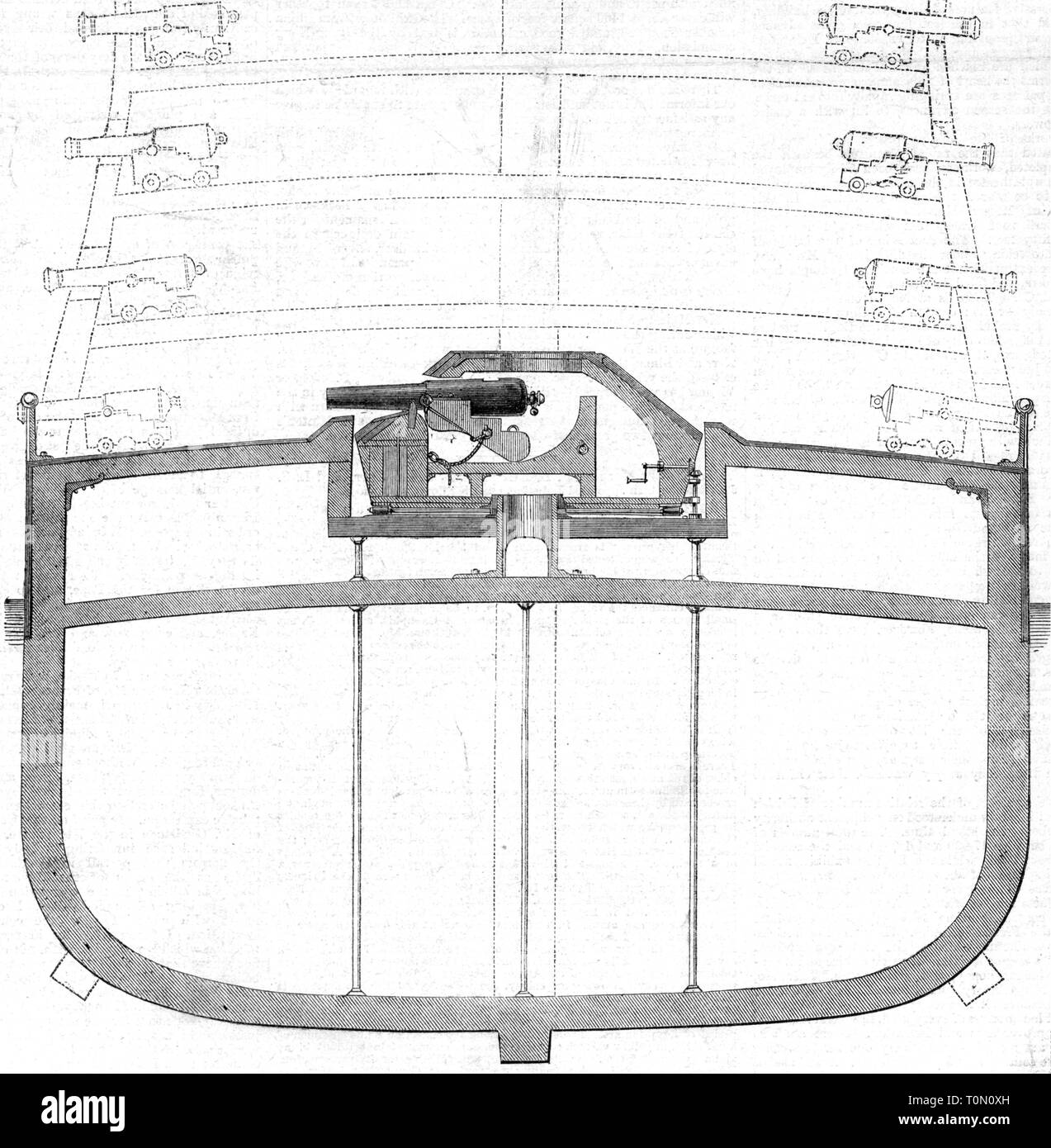 Transport/Verkehr, Navigation, Kriegsschiff, Technik, Design von Captain Cowper Phipps Coles, Royal Navy, für einen Revolver auf der Rumpf eines 3-Decker, Holzstich, "Illustrated London News" vom 19.4.1862, Additional-Rights - Clearance-Info - Not-Available Stockfoto
