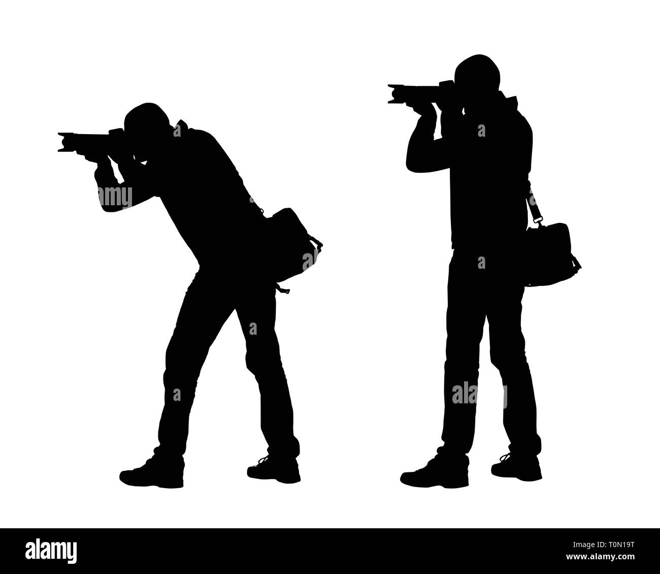 Realistische Darstellung der Silhouette eines Mannes, der Fotograf mit der Kamera und Tasche. Isolierte Vektor auf weißem Hintergrund Stock Vektor