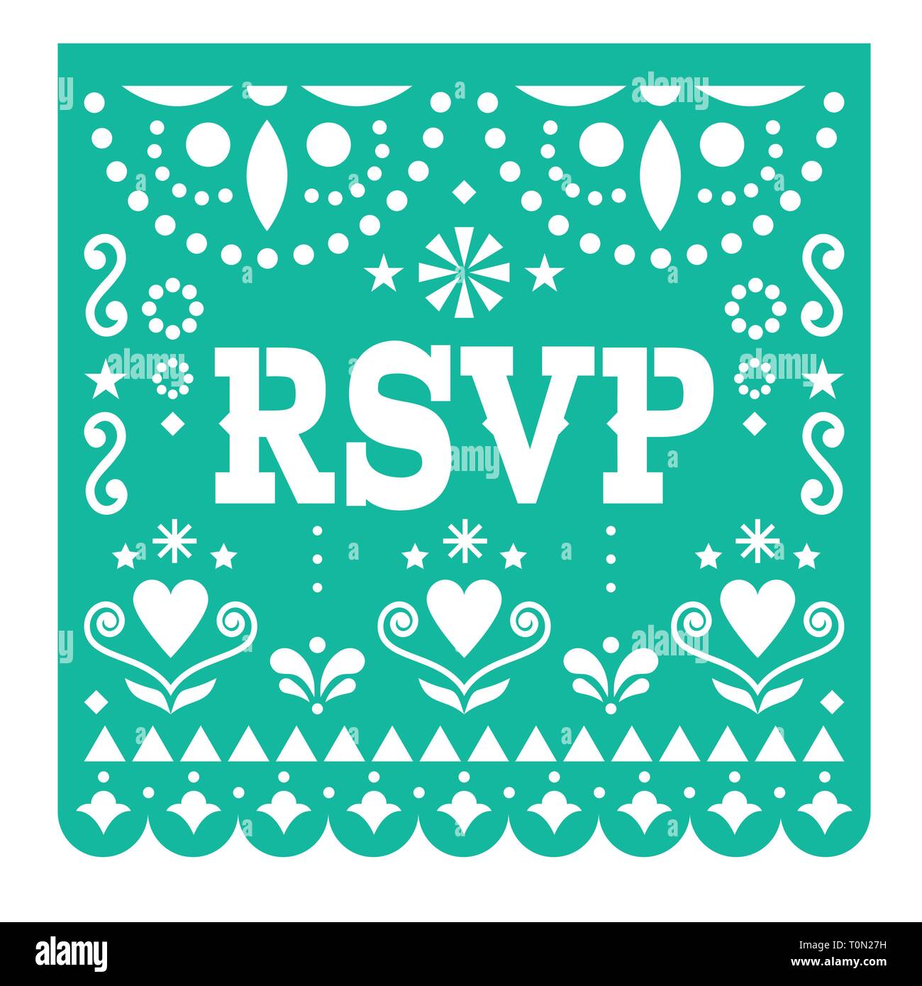 RSVP, reagieren Sie bitte Papel Picado Vektor Karte, mexikanische Papier Ausschnitt Stil mit Blumen und abstrakten Formen Stock Vektor