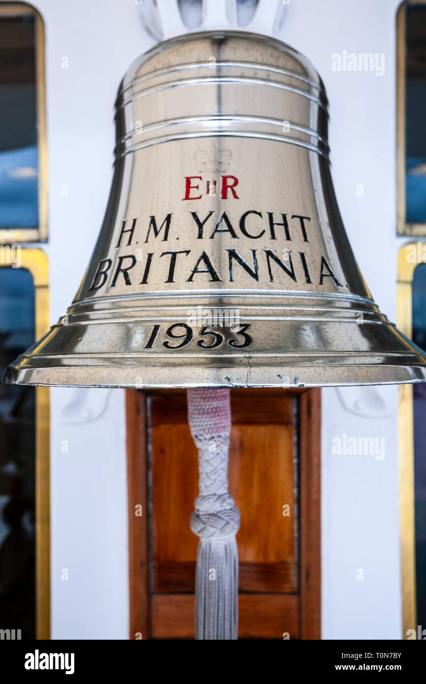 Die Schiffsglocke, HMY Britannia, Leith (Edinburgh), Schottland, Vereinigtes Königreich Stockfoto
