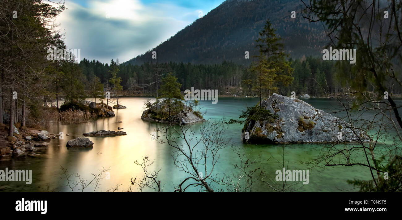 Hintersee Hintergrund bei Sonnenuntergang, Reisen Bayern Stockfoto