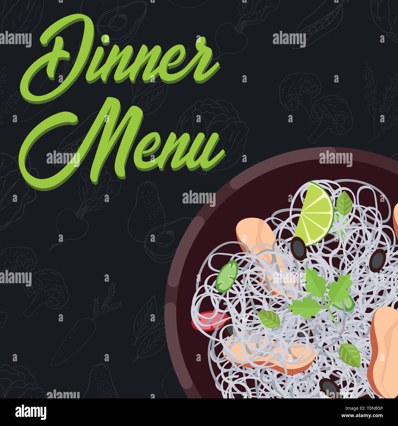 Menü Konzept für Restaurant und Cafe. Abendessen Menü Vorlage Flat Style Hauptgericht Vector Illustration mit der Hand Obst und Gemüse Vektor Krank Stock Vektor