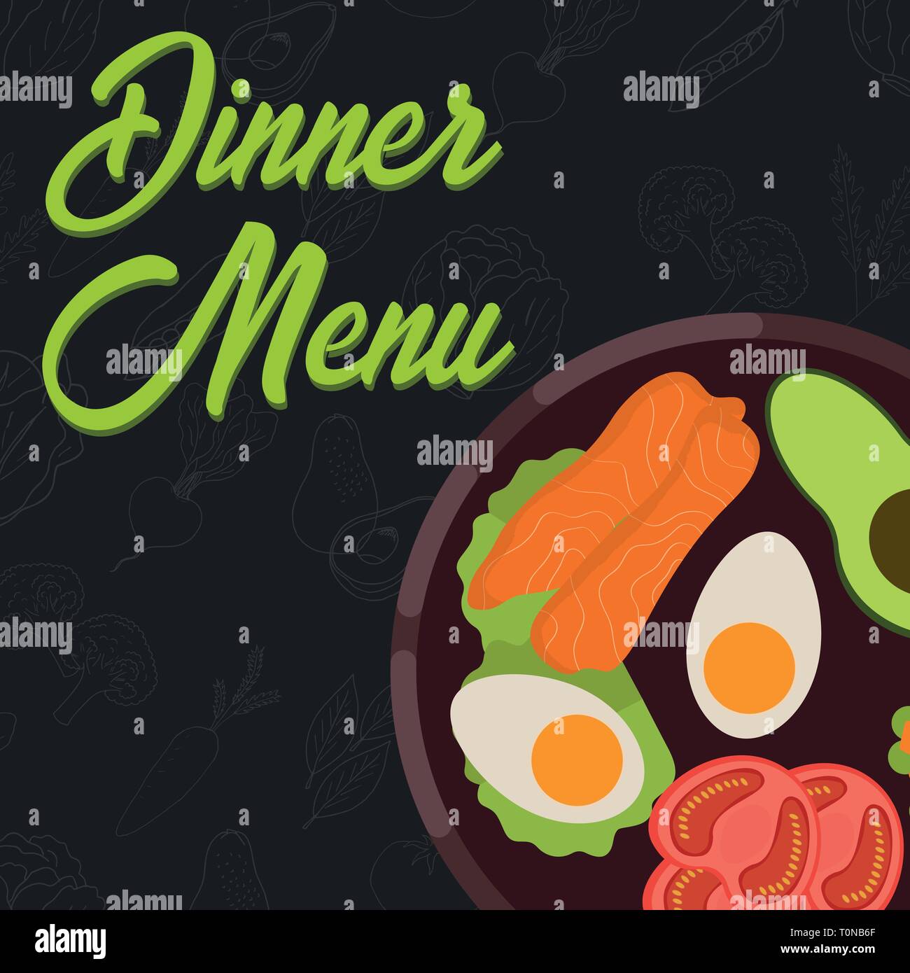 Menü Konzept für Restaurant und Cafe. Abendessen Menü Vorlage Flat Style Hauptgericht Vector Illustration mit der Hand Obst und Gemüse Vektor Krank Stock Vektor