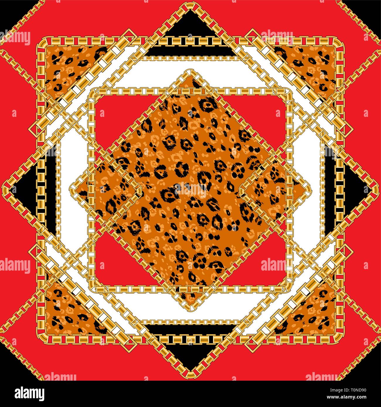 Fliese nahtlose Muster mit goldenen Kette mit tierischen Haut Hintergrund für Stoff. Trendy rot wiederholen Leopardenmuster. Stock Vektor