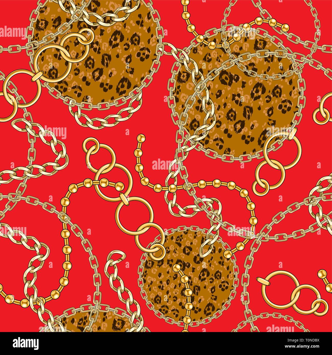 Red nahtlose Muster mit goldenen Kette und tierische Haut Hintergrund für Stoff. Trendy wiederholen Leopardenmuster. Stock Vektor