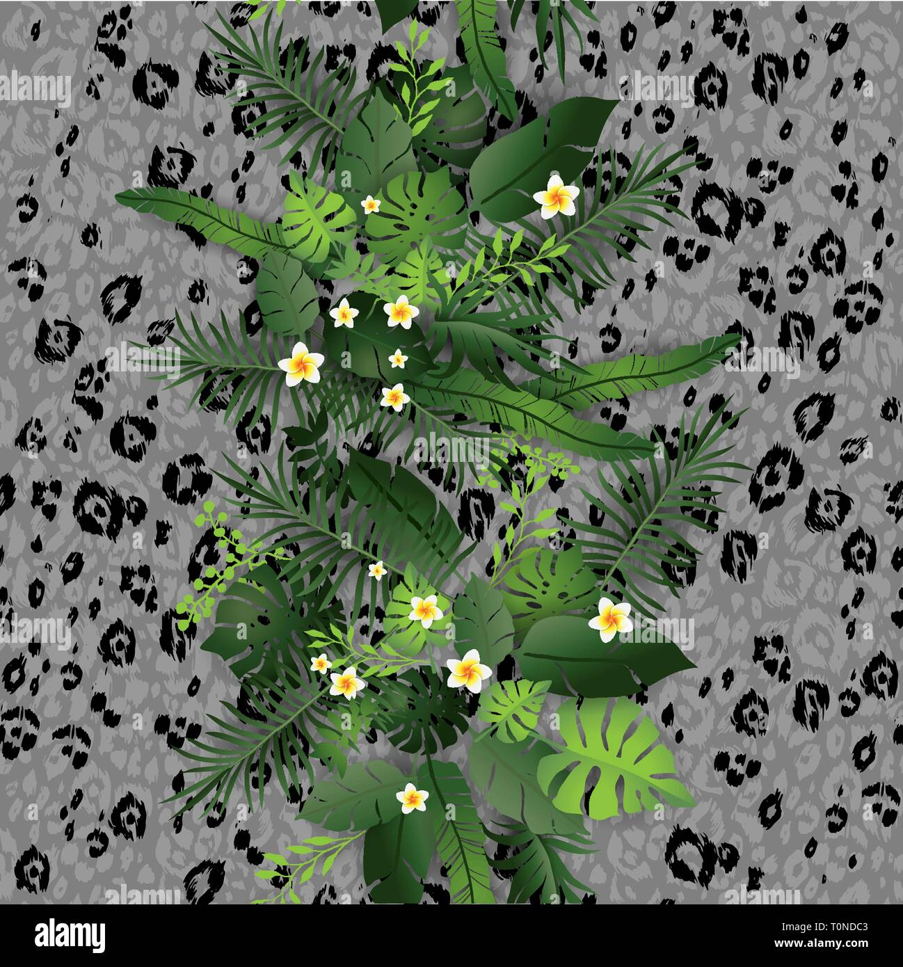 Nahtlose Muster exotische Floral Background. Tropische Blumen und Blätter auf die tierische Haut Kulisse. Grün und Leopard Print nahtloses Design Stock Vektor