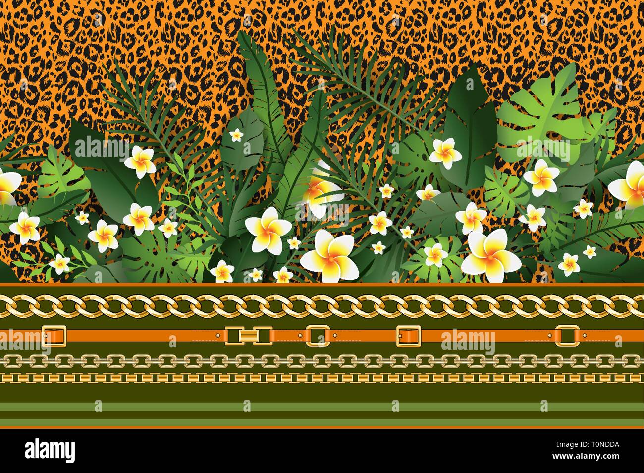 Nahtlose Muster exotische Floral Background. Tropische Blumen und Blätter auf Orange Leopard Kulisse. Grün drucken nahtloses Design Stock Vektor