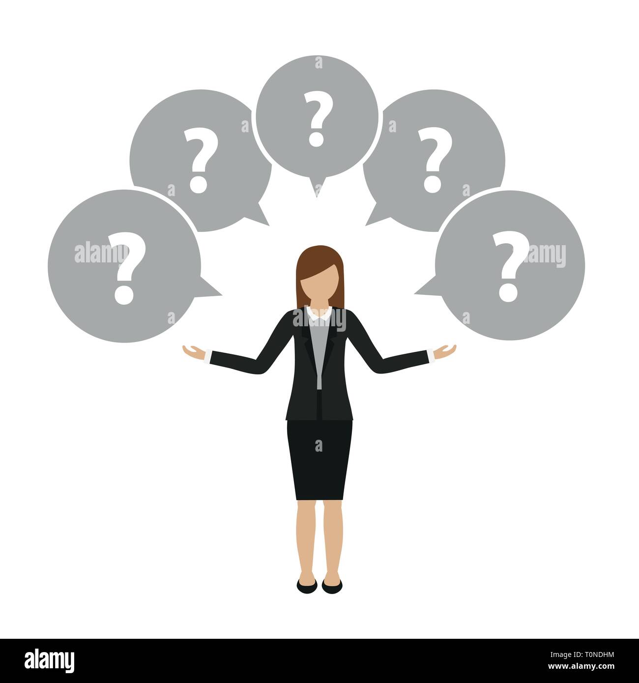 Business woman Charakter hat viele Fragen auf weißem Hintergrund Vektor-illustration EPS 10 isoliert Stock Vektor