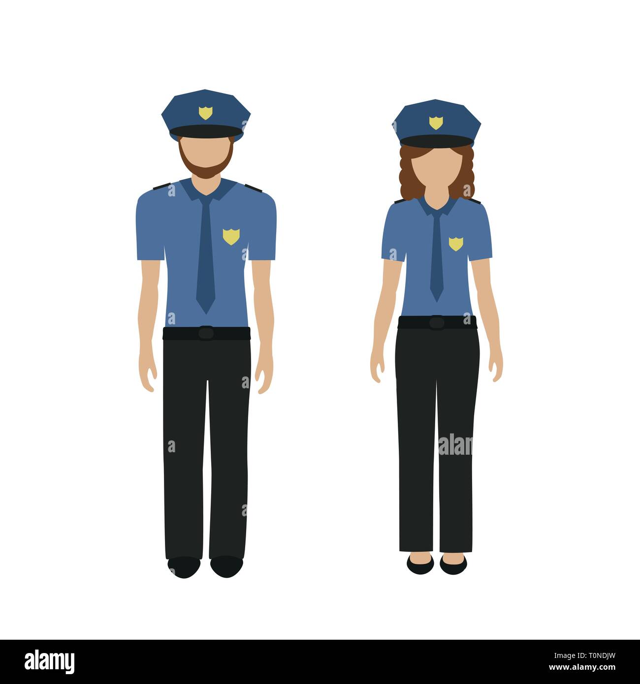 Mann und Frau Charakter Polizist und Polizistin in Uniform auf weißem Hintergrund Vektor-illustration EPS 10 isoliert Stock Vektor