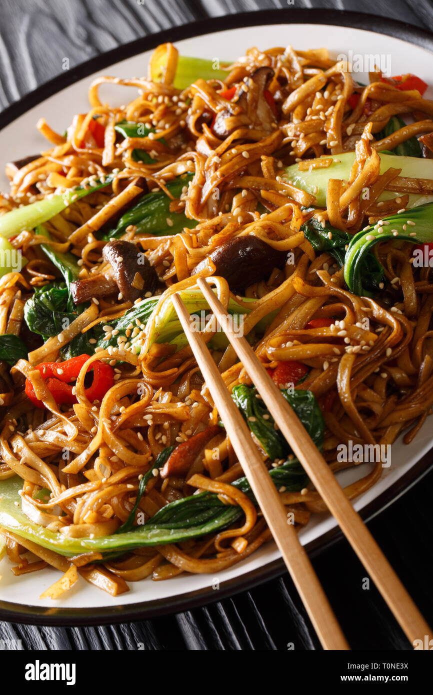 Stir Fry von udon Nudeln mit Pak Choi und Shiitake-pilze close-up auf einem Teller. Vertikale Stockfoto