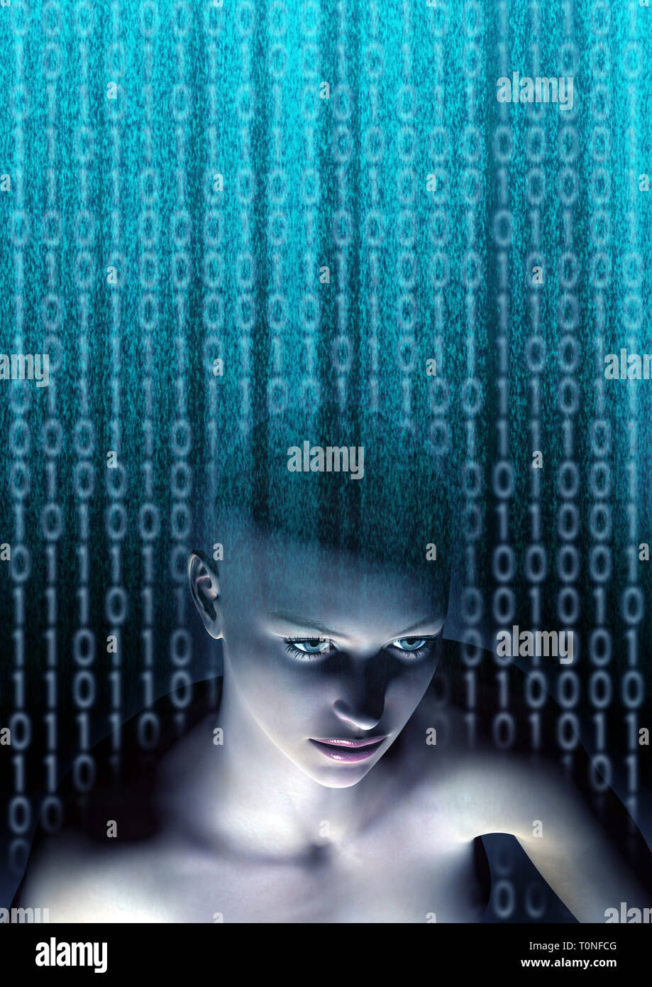Weibliche humanoide und binären Ziffern als Konzept für Künstliche Intelligenz, zukünftige Generationen von Menschen und digital erstellte Personas Stockfoto