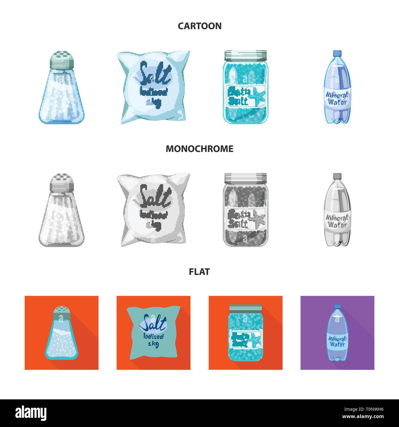 Salzfass, Beutel, Flasche, Wasser, Gewürze, salzig, Badewanne, Glas, Pulver, Wellness, weiß, Vintage, sauber, Körner, Streuen, Container, Mehl, Öl, Behandlung, Stoff, Kunststoff, Kochen, Meer, Natur, Backen, Salz, Nahrungsmittel-, Natrium-, Mineral, Raw, Küche, Set, Vector, Icon, Illustration, isoliert, Sammlung, Design, Element, Grafik, Zeichen, Vektor, Vektoren, Stock Vektor