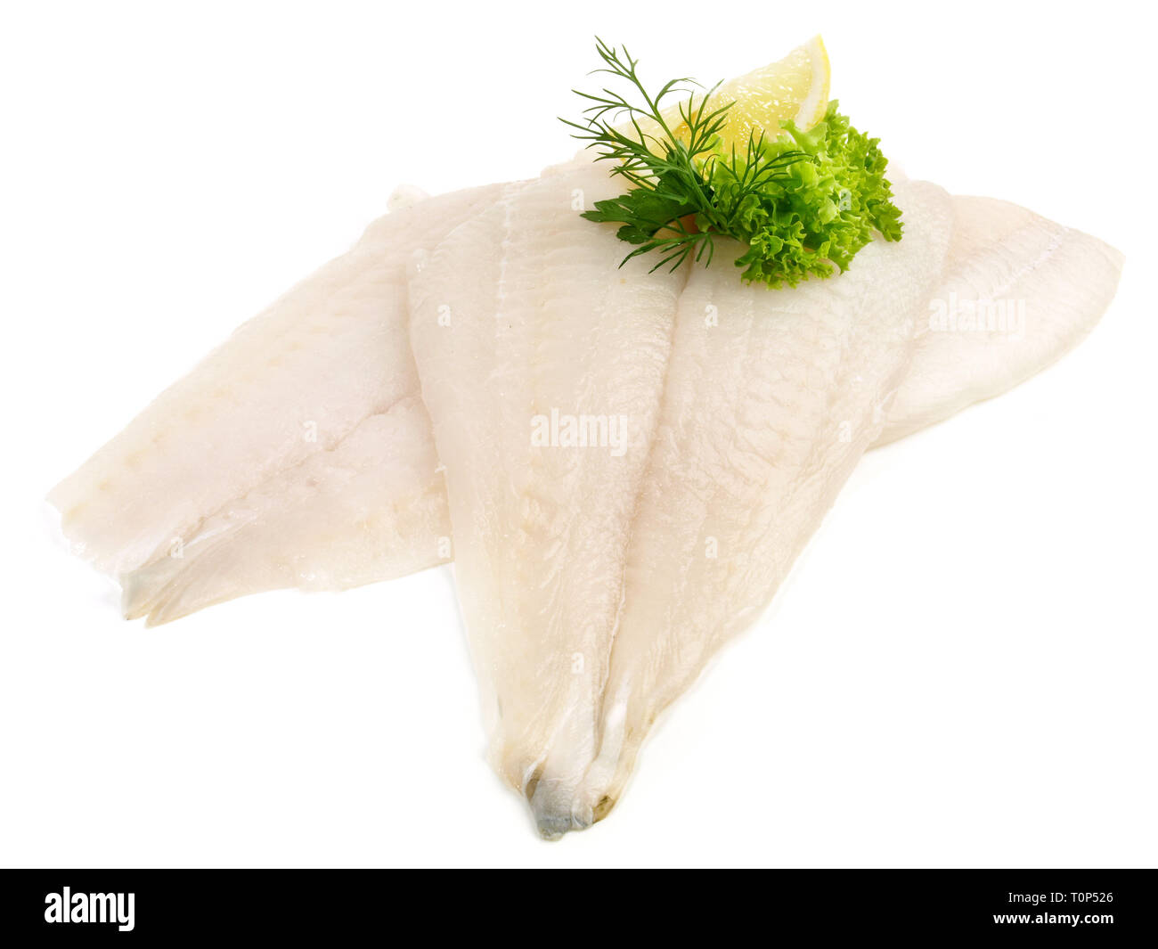 Scholle Fischfilet auf weißem Hintergrund Stockfoto