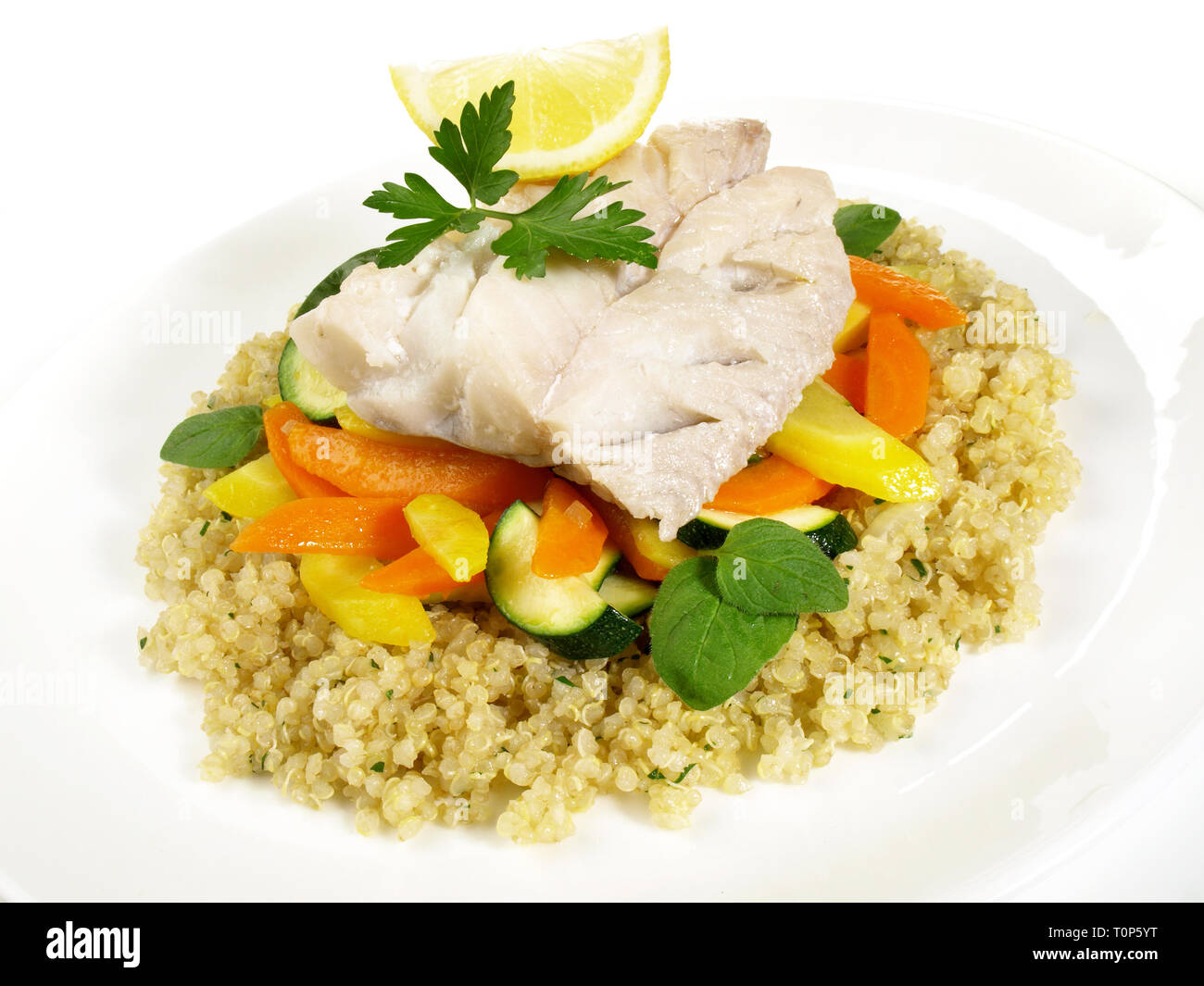 Gekochte Pollack Fisch mit Quinoa Stockfoto