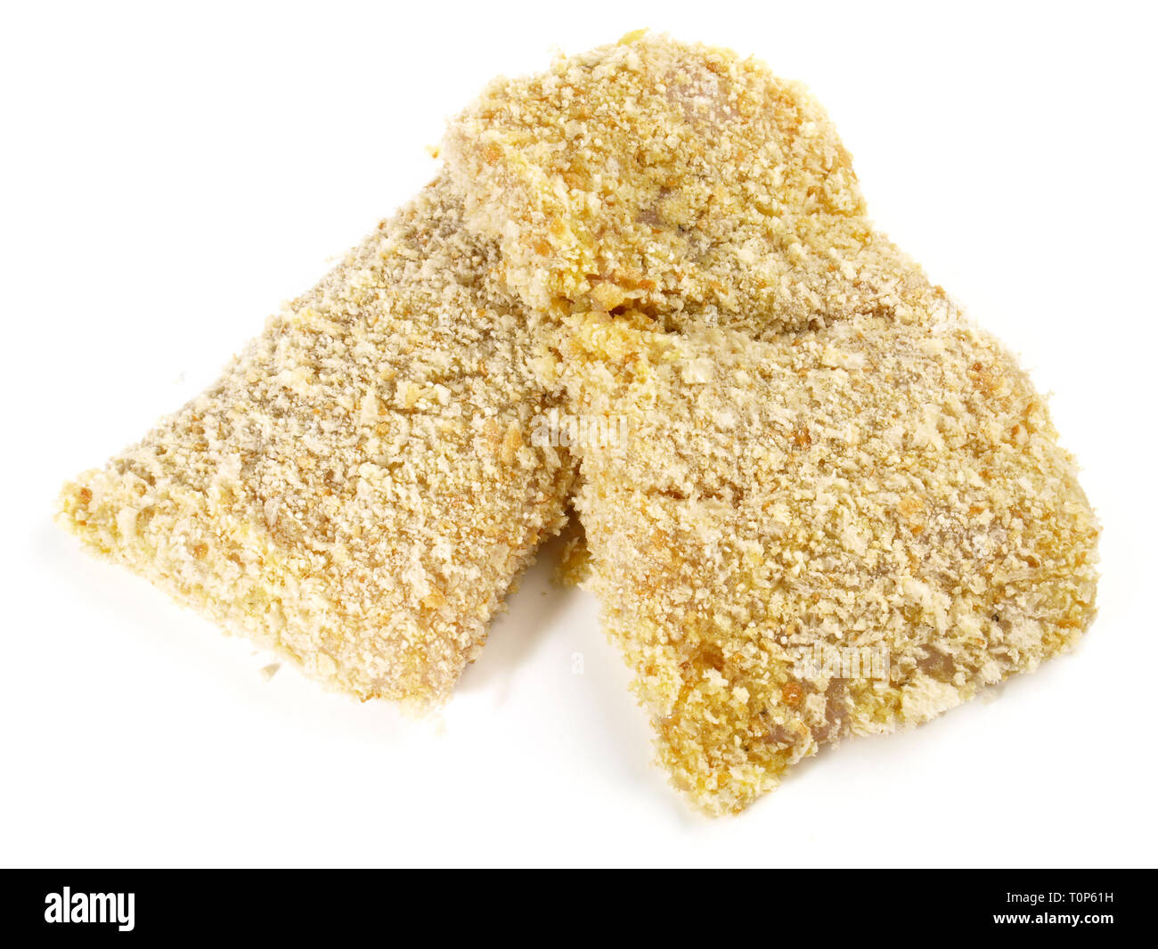 Pollack Fisch roh im Breadcrumb Beschichtung auf weißem Hintergrund Stockfoto