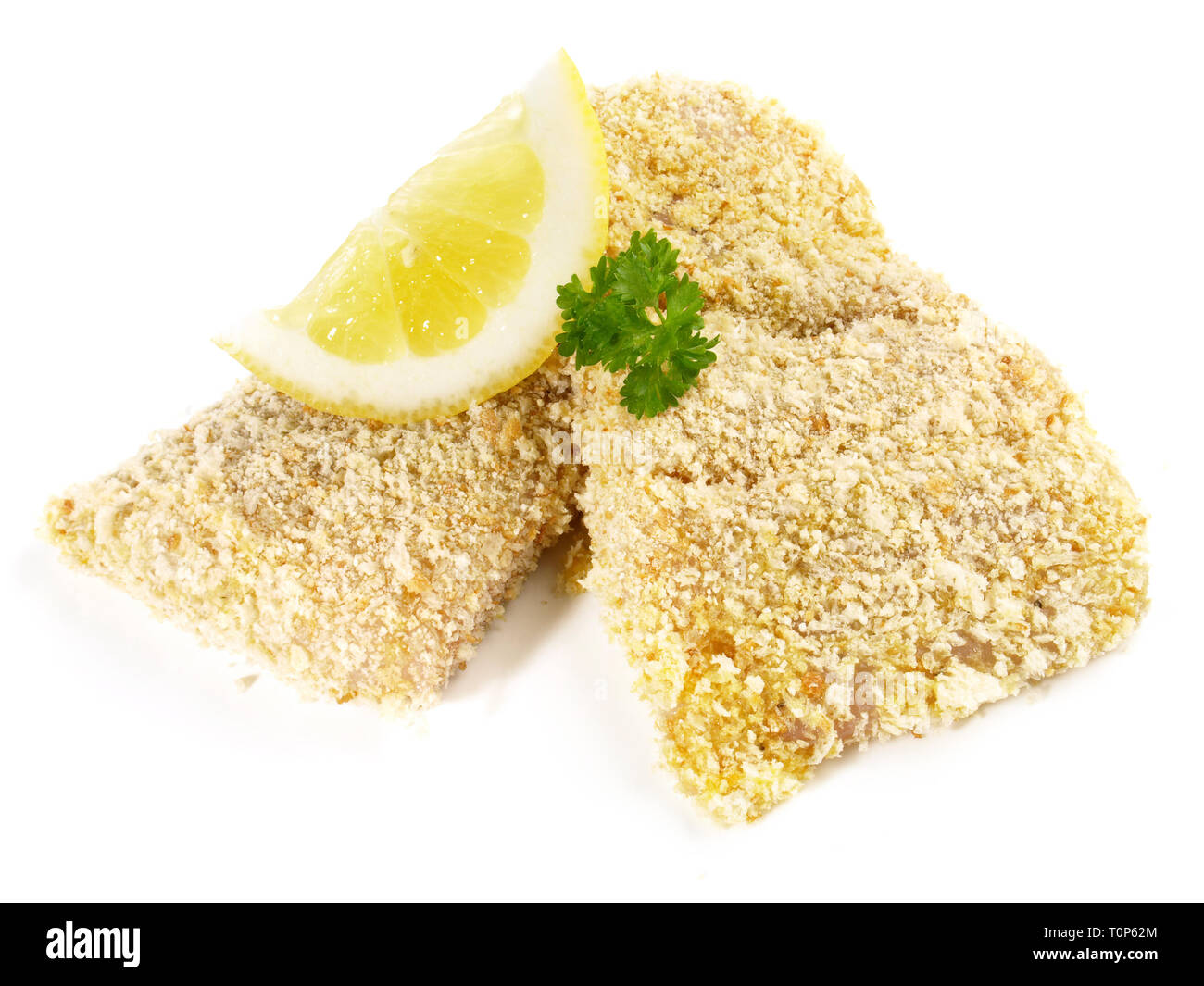 Pollack Fisch roh im Breadcrumb Beschichtung auf weißem Hintergrund Stockfoto
