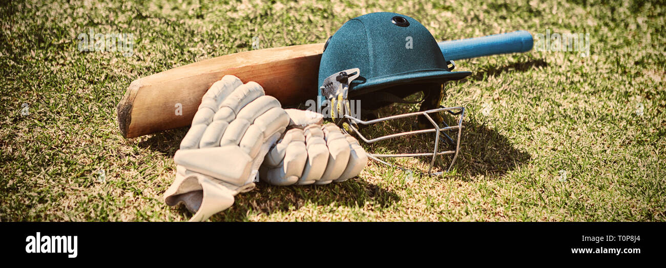 Hohe Betrachtungswinkel von Cricket Equipment auf dem Feld Stockfoto