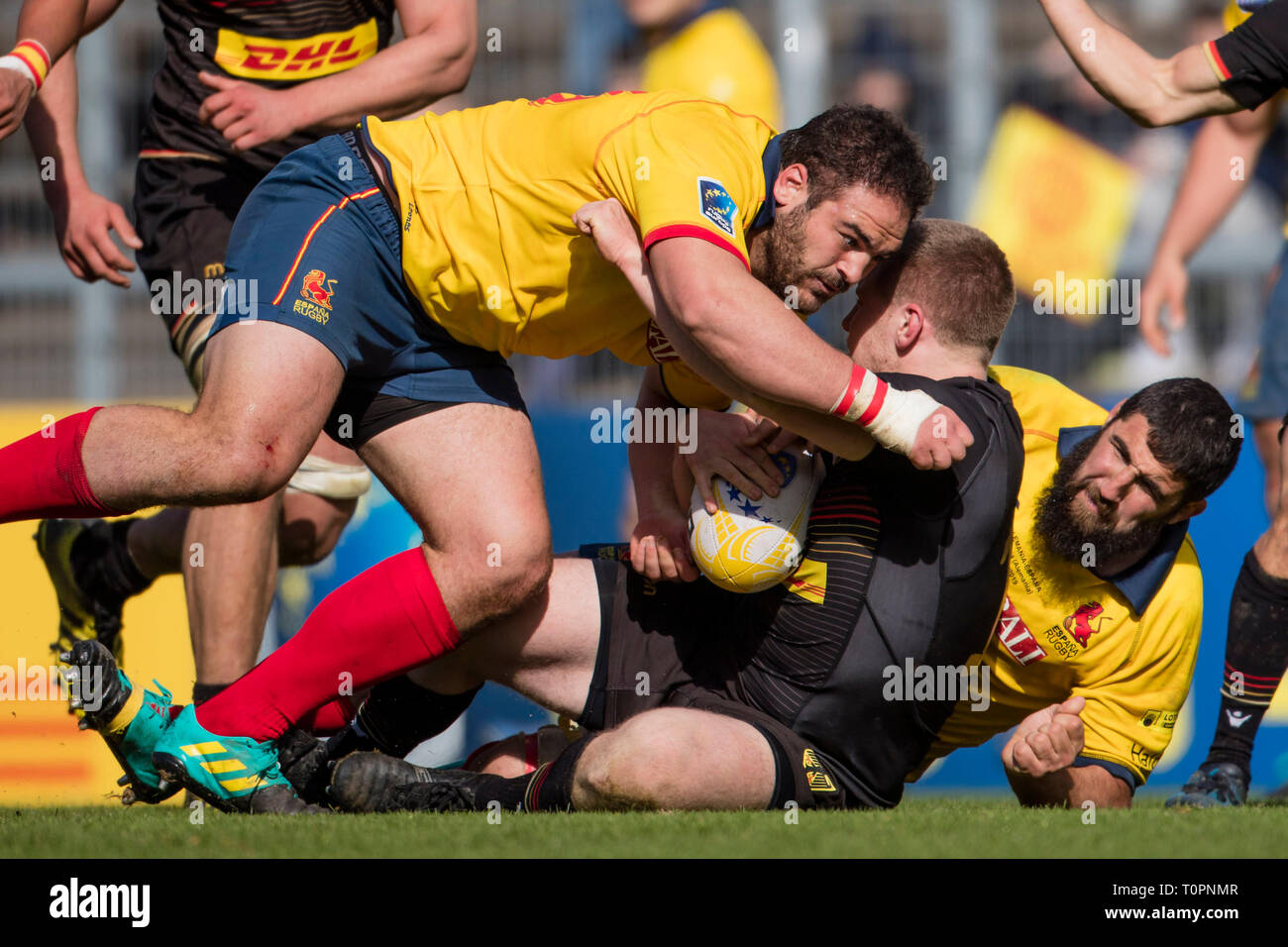 17. März 2019, Nordrhein-Westfalen, Köln: Felix Martel ist auf den Boden durch die Spanier gezogen. Rechts Manu Mora (Spanien, 8). Fünften Spiel der Rugby Europa Meisterschaft 2019: Germany-Spain am 17.03.2019 in Köln. Foto: Jürgen Kessler/dpa Stockfoto