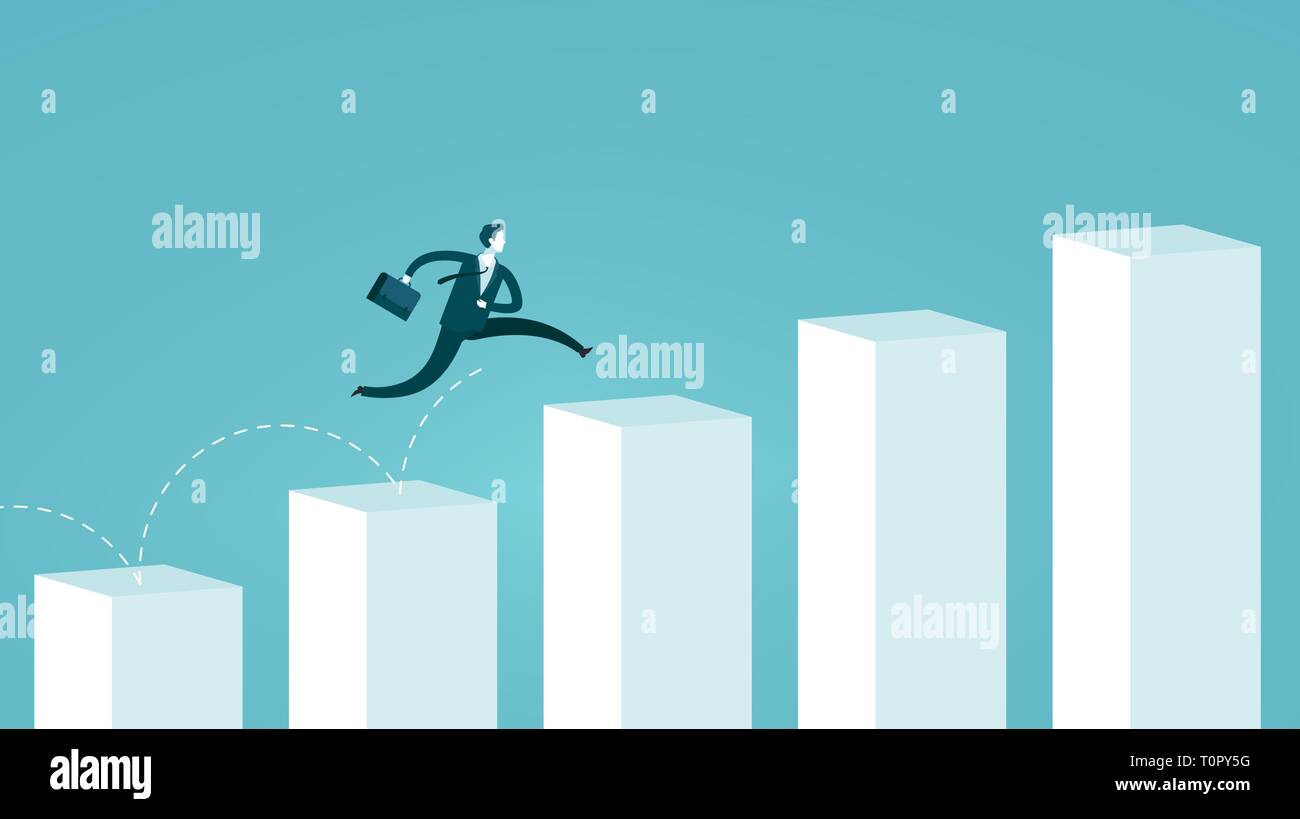 Unternehmer springen auf Tabelle Spalten. Erfolgreiches Geschäftskonzept. Infografiken Vector Illustration Stock Vektor