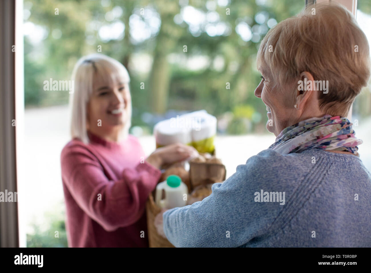 Weibliche Nachbarn helfen Senior Frau beim Einkaufen Stockfoto