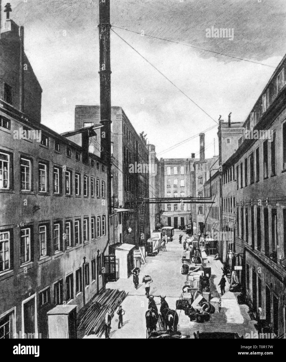 Industrie, Anlage von Siemens und Halske Maschinenfabrik und Telegraphenbauanstalt, Markgrafenstraße 84, Berlin, Hof, 1870, Zeichnung, Maschinenbau, Maschinenbau, Elektronik, Maschinen, Fabrik, Fabriken, Firma, Unternehmen, Arbeitnehmer, Mitarbeiter, Gebäude, Gebäude, Menschen, Friedrichstadt, Deutschland, Preußen, 19. Jahrhundert, Branche, Branchen, Pflanze, Pflanzen, Ansicht, Ansichten, Werft, Werften, historischen, geschichtlichen, Additional-Rights - Clearance-Info - Not-Available Stockfoto