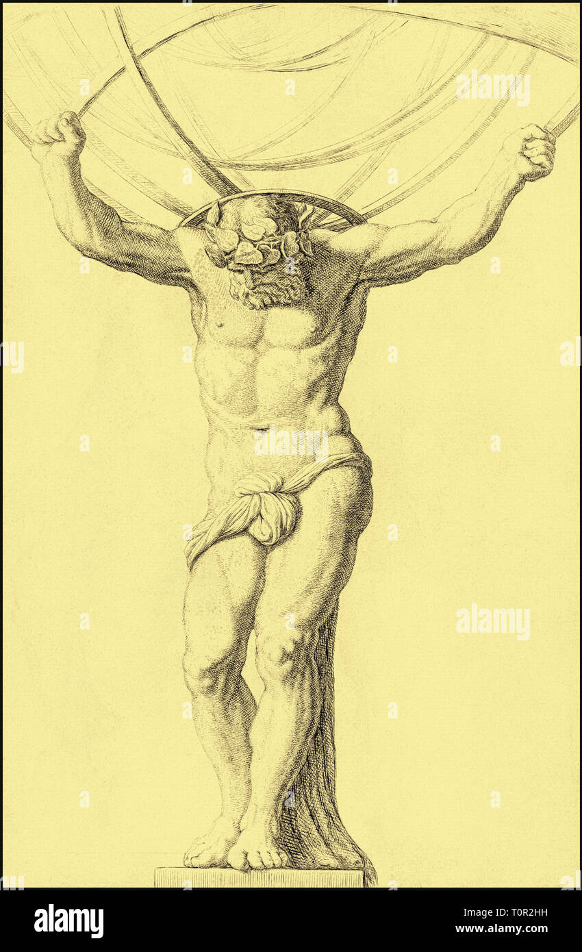 Atlas halten den Himmel. Nach einem Kupferstich aus dem 18. Jahrhundert. Koloriert. Atlas war ein Titan verurteilt den Himmel für die Ewigkeit zu halten, nach der Niederlage der Titanen die Götter in den Kampf der Götter, oder titanomachie Stockfoto