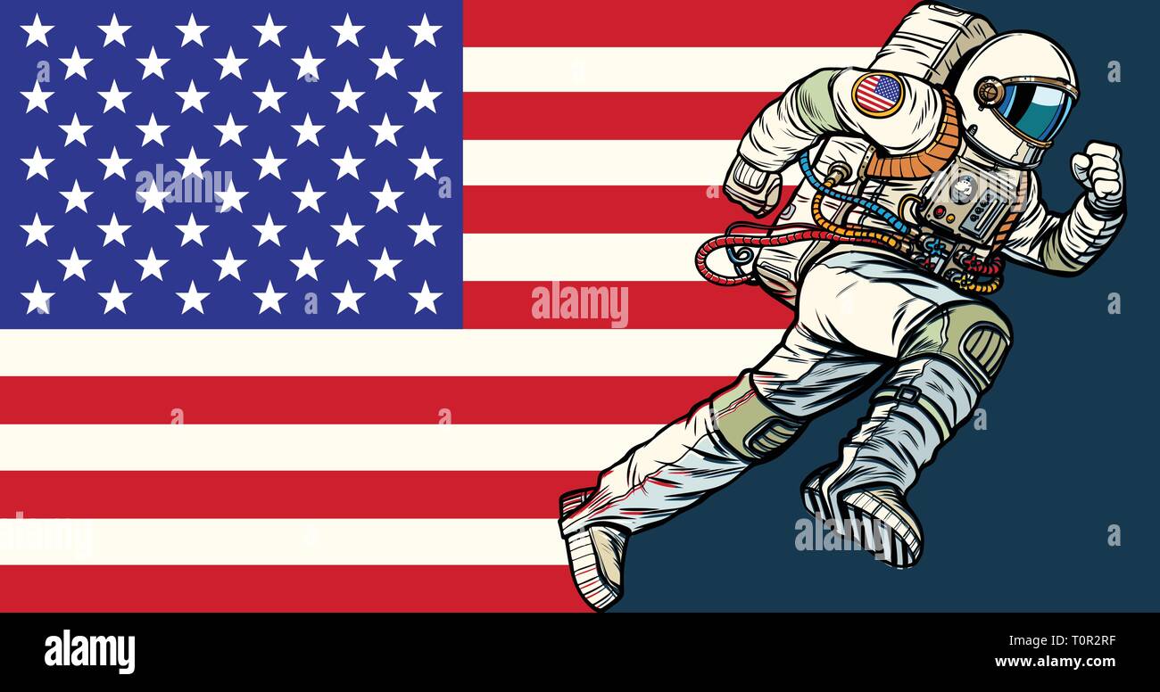 Amerikanische astronaut Patriot läuft nach vorne. USA-Flagge. Pop Art retro Vektor illustration Vintage kitsch Stock Vektor