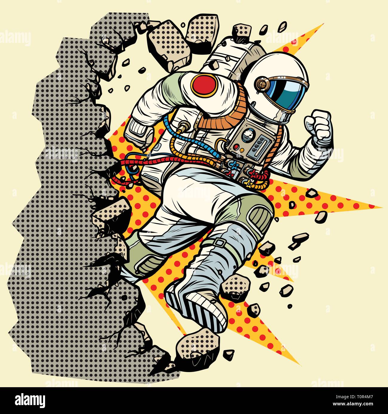 Astronaut bricht die Wand. Pop Art retro Vektor illustration Vintage kitsch Stock Vektor