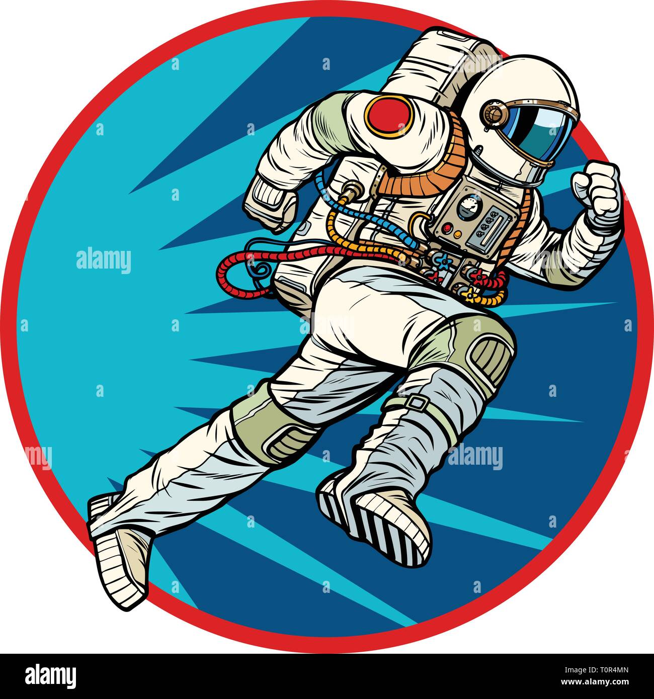 Astronaut läuft nach vorne runde Logo Symbol. Pop Art retro Vektor illustration Vintage kitsch Stock Vektor