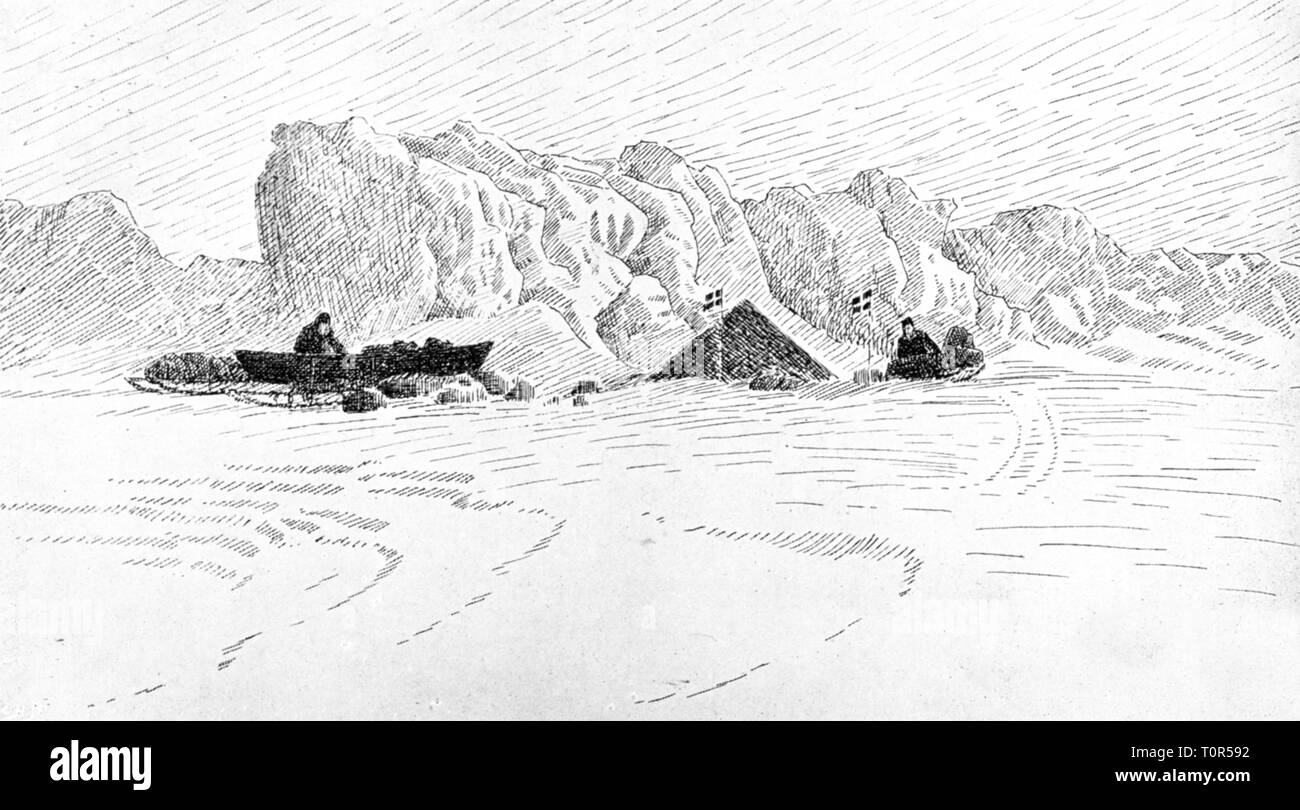 Expedition, Polar Expedition Fram Expedition 1893 - 1896, Nördlichste Camp bei 86 Latitude, 8.4.1895, Zeichnung von Lars Torde, ab: Fridtjof Nansen, in Nacht und Eis", Band II, Leipzig 1897, 19. Jahrhundert, expedition Bericht, Bericht, Berichte, Reisen, Reisen, Forschung, Discovery, Entdeckungen, Arktis, Arktischer Ozean, Fram, Nordpolarmeer, Nordpol, Arktis, Nordpol, Grafik, Grafiken, Zeichnung, Schnee, Eis, Schlitten, Hund, Schlitten, Hundeschlitten, Zelt, Zelte, Polar Expedition, Polarexpeditionen, Camp, Camps, Breitengrad, latitude d, Additional-Rights - Clearance-Info - Not-Available Stockfoto