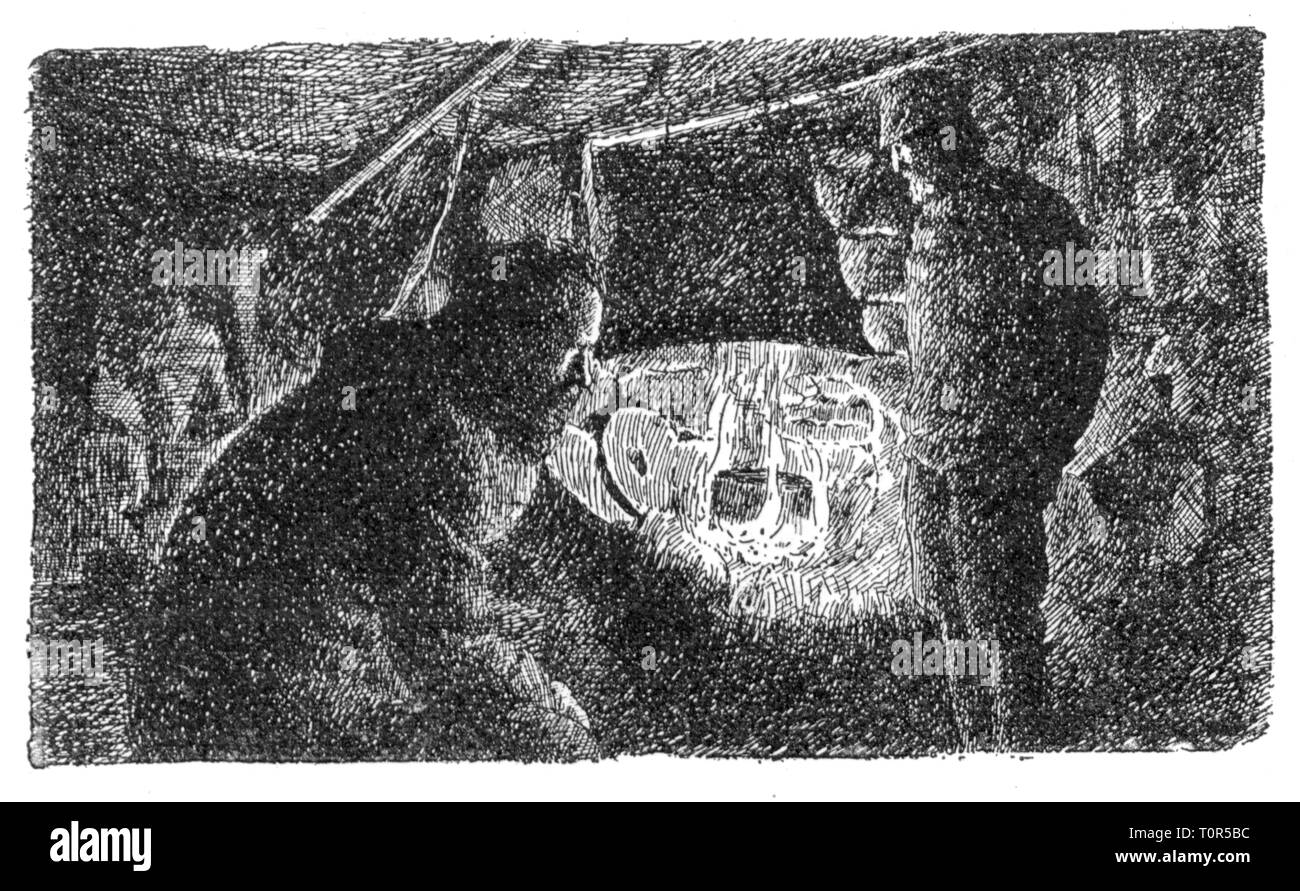 Expedition, Polar Expedition Fram Expedition 1893 - 1896, Fridtjof Nansen und Fredrik Hjalmar Johansen in ihrem Winter Hütte, ab: Fridtjof Nansen, in Nacht und Eis", Band II, Leipzig 1897, 19. Jahrhundert, expedition Bericht, Bericht, Berichte, Reisen, Reisen, Forschung, Discovery, Entdeckungen, Arktis, Arktischer Ozean, Fram, Nordpolarmeer, Nordpol, Arktis, Nordpol, Grafik, Grafiken, Zeichnung, Camp, Camps, Hütte, Hütten, Innenansicht, Lagerfeuer, Kamin, Feuer, Topf, Töpfe, Kochen, kochen, kochen, Kochen, kochen, Polar Expedition, Polar, Additional-Rights - Clearance-Info - Not-Available Stockfoto