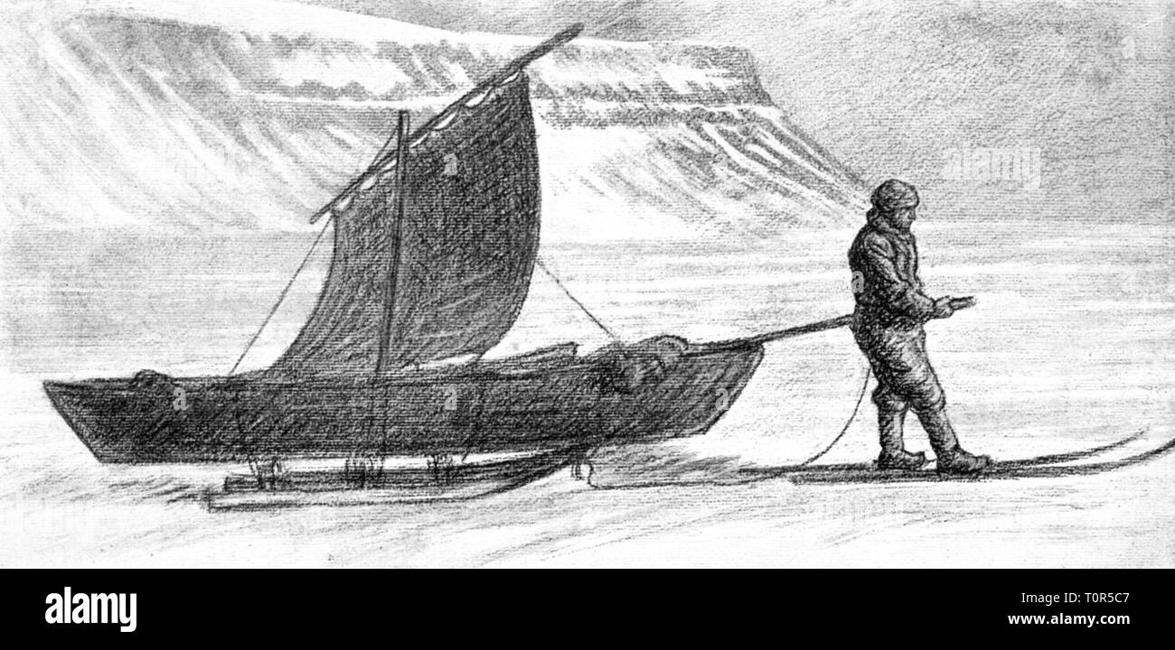 Expedition, Polar Expedition Fram Expedition 1893 - 1896, Fahrt mit Eis Yacht am Kap Richthofen, von: Fridtjof Nansen, in Nacht und Eis", Band II, Leipzig 1897, 19. Jahrhundert, expedition Bericht, Bericht, Berichte, Reisen, Reisen, Forschung, Discovery, Entdeckungen, Arktis, Arktischer Ozean, Fram, Nordpolarmeer, Nordpol, Arktis, Nordpol, Grafik, Grafiken, Zeichnung, Fortbewegung, Schlitten, Kajak, Segeln, Segeln, Wind, Wind, ziehen, ziehen, Ski, Skier, volle Länge, stehend, Polar Expedition, Polarexpeditionen, für eine Fahrt, Cape, Uhr, Additional-Rights - Clearance-Info - Not-Available Stockfoto