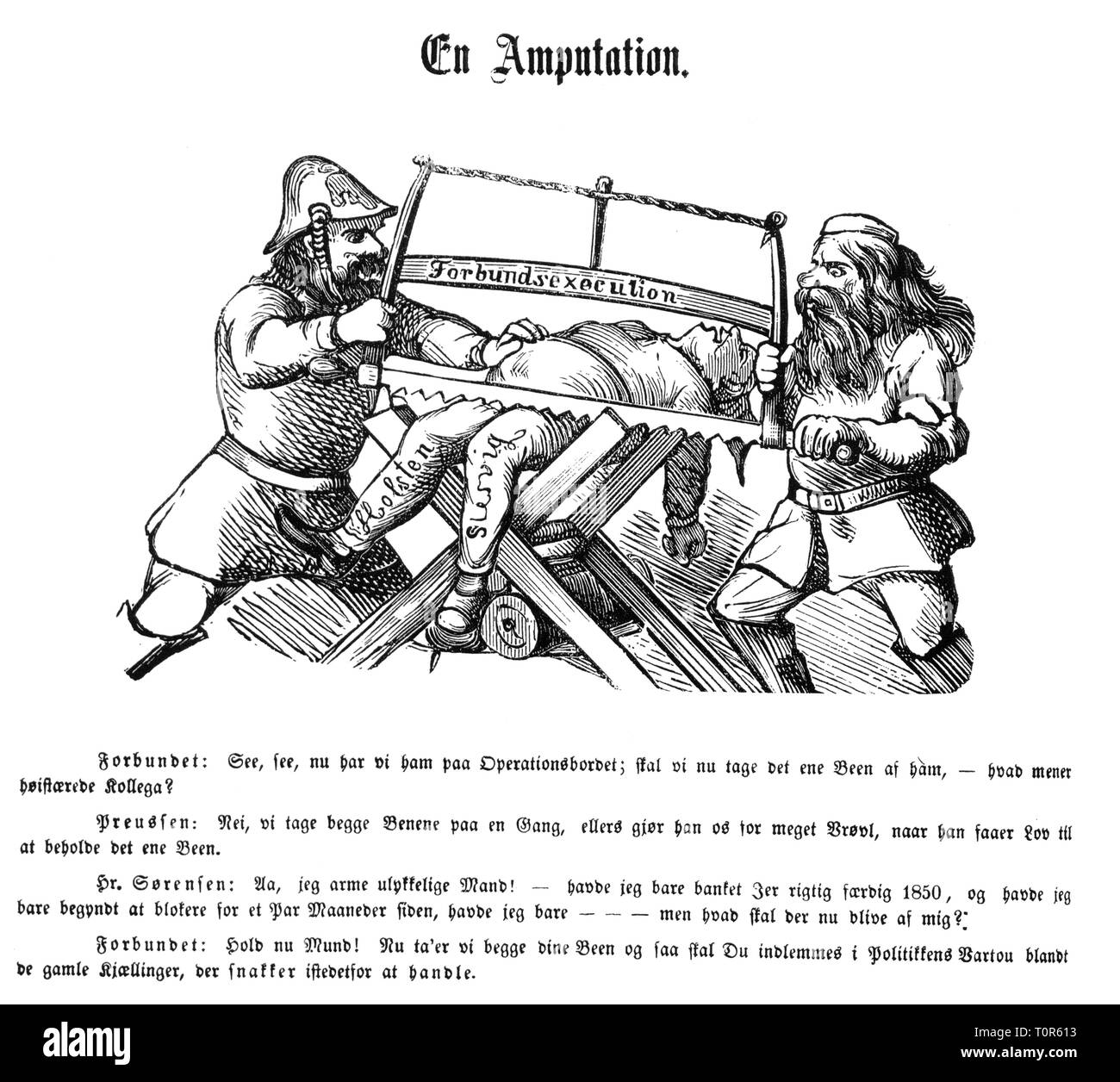Politik, Schleswig-Holstein Frage, Preußen und im Deutschen Bund amputieren die Herzogtümer Schleswig und Holstein aus dem Dänischen Körper, Karikatur, 'eine Amputation', Zeichnen, "Folkets Nisse", Kopenhagen, 12.9.1863, Additional-Rights - Clearance-Info - Not-Available Stockfoto
