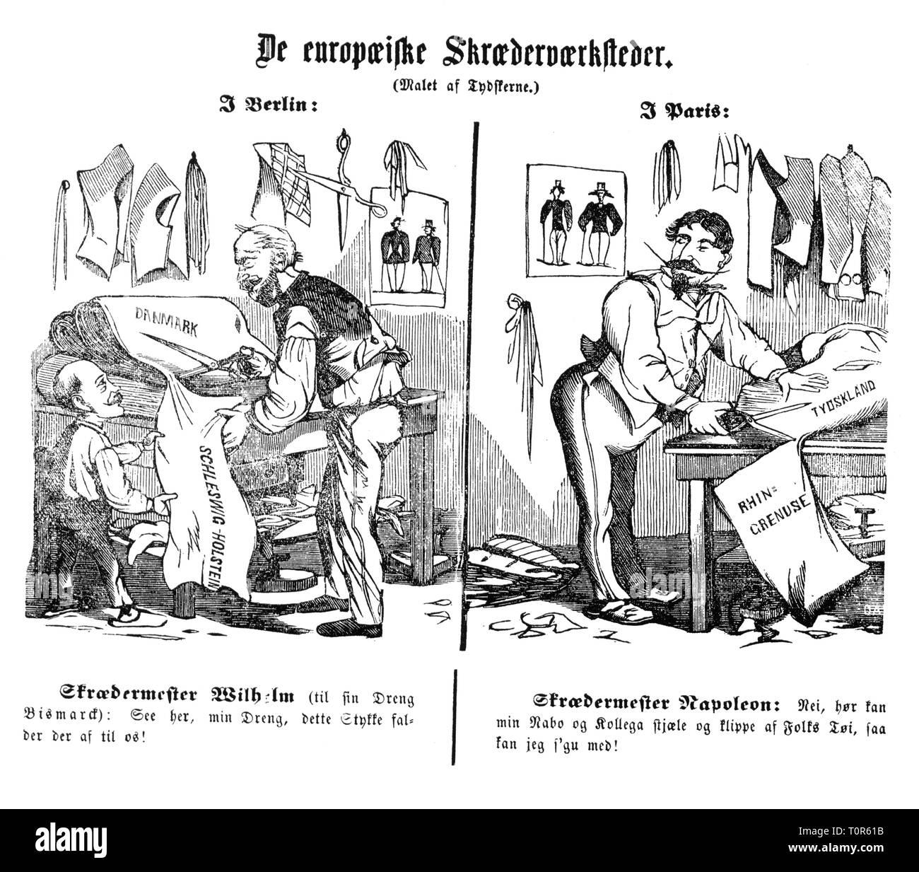 Politik, Schleswig-Holstein Frage, Karikatur', während König Wilhelm I. und Otto von Bismarck schneiden ein Stück Dänemark, Kaiser Napoleon III. Schneiden ist ein Teil von Deutschland, Zeichnen, "Die Europäische maßgeschneiderte Geschäfte", "Folkets Nisse", Kopenhagen, 29.10.1864, Additional-Rights - Clearance-Info - Not-Available Stockfoto