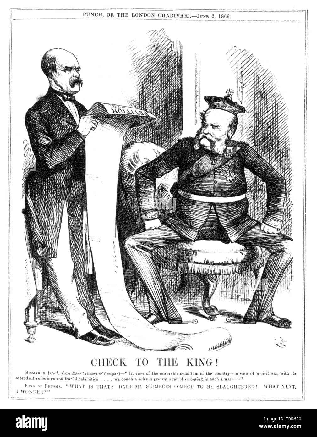 Preußisch-Österreichischen Krieg 1866, Karikatur, Ministerpräsident Otto von Bismarck Lesung zu König Wilhelm I. den Protest Auflösung der Kölner Bürger, "zum König", Zeichnung überprüfen, 'Lochen', London, 2.6.1866, Satire, Karikatur, Karikaturen, Comics, Cartoons, britische Presse, Großbritannien, Vereinigtes Königreich, Königreich Preußen, Protest, Protest, Frieden Adresse, Auflösung, Auflösungen, Köln, Politik, Politik, Leute, Männer, Mann, männlich, manly, volle Länge, 19. Jahrhundert, historische, historische, Austro Preußische, Additional-Rights - Clearance-Info - Not-Available Stockfoto