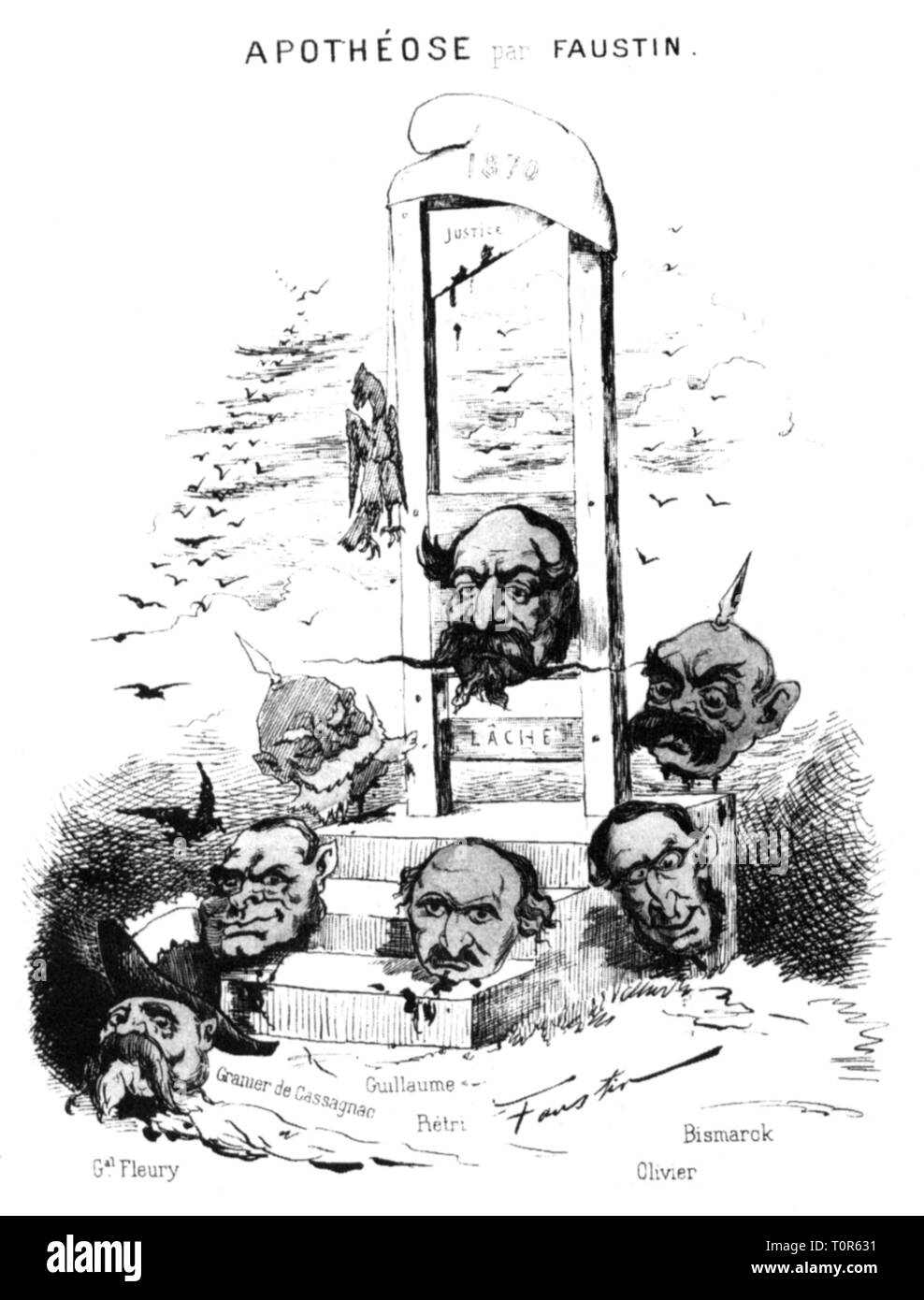 Deutsch-französischen Krieg 1870-1871, Karikatur, apotheose, Prospekt, von Faustin, Paris, 1870 / 1871, Satire, Karikatur, Karikaturen, Comics, Cartoons, Frankreich dritte Republik, Kaiser Napoleon III., Otto von Bismarck, König Wilhelm I. von Preußen, Granier de Cassagnac, Emile Felix Fleury, Pierre Marie Petrie, Emile Olivier, Kriegstreiber, Kriegstreiber, Kopf, Köpfe, Guillotine, Deutsch - Französisch, Leute, Männer, Mann, männlich, manly, 19. Jahrhundert, historische, historische, Additional-Rights - Clearance-Info - Not-Available Stockfoto