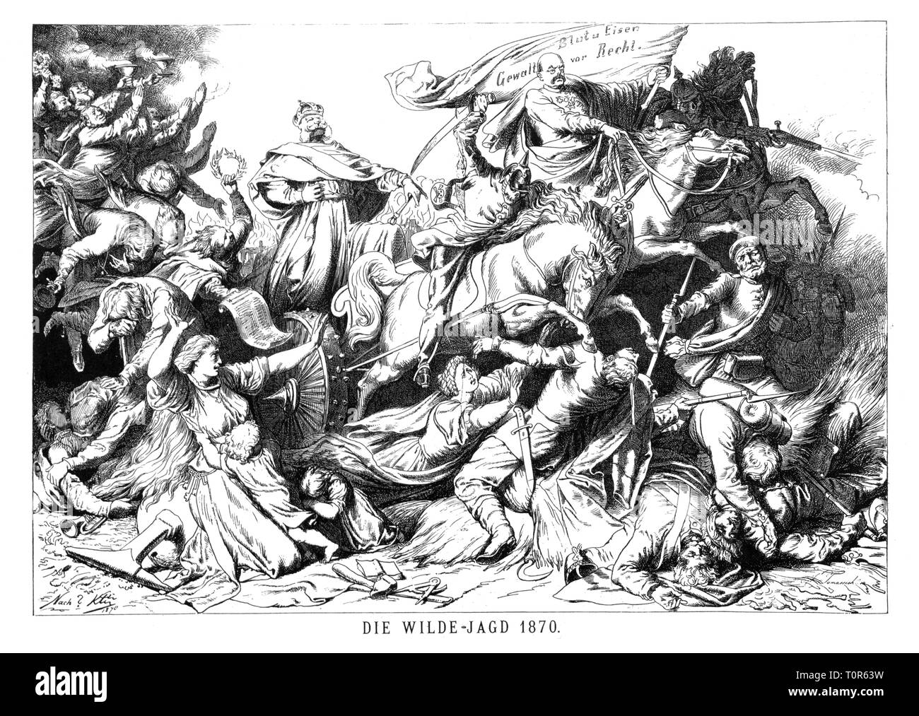 Deutsch-französischen Krieg 1870-1871, Karikatur, Otto von Bismarck hält die Fahne mit der Aufschrift "Blut und Eisen" und "vor Gericht", "die Wilde Jagd 1870', Zeichnen, "Floh", Wien, Dezember 1870, Satire, Karikatur, Karikaturen, Comics, Cartoons, Österreichischen Presse, Österreich, Deutsch - Französisch, Deutschland, Menschen, Wilhelm I., König von Preußen, der germanischen Mythologie, Soldaten, soldier, Banner, Banner, 19. Jahrhundert, historische, historische, Additional-Rights - Clearance-Info - Not-Available Stockfoto