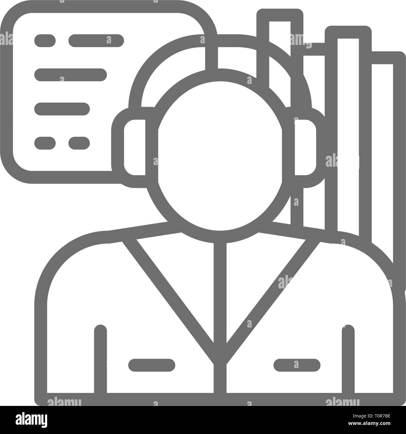 Händler, Börse, Mann mit Kopfhörer Line-Out-Symbol. Stock Vektor