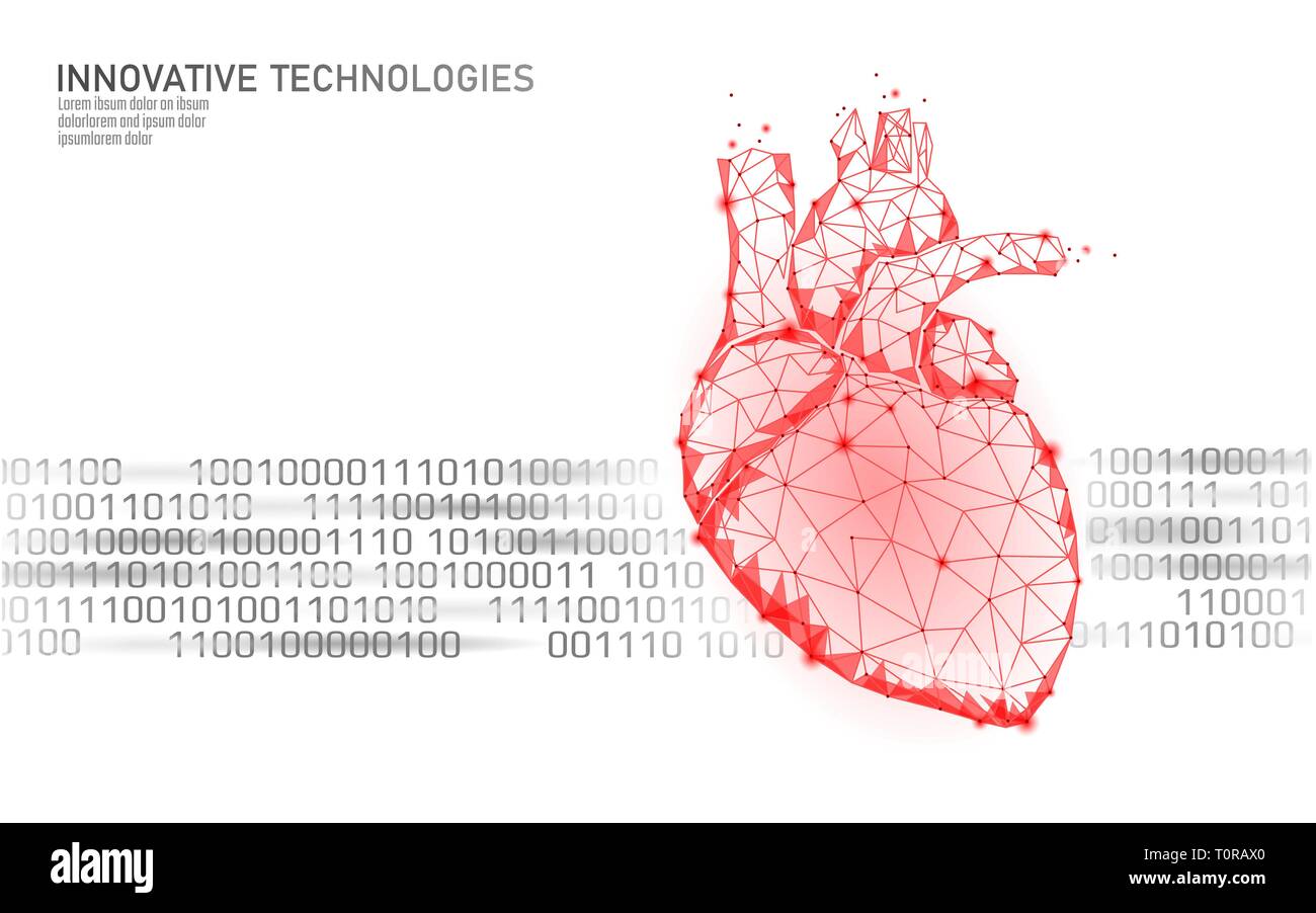 Gesunde menschliche Herz schlägt 3d Medizin Modell Low Poly. Dreieck verbunden Punkte leuchten Punkt roten Hintergrund. Pulse interne Stelle moderne anatomische Form Stock Vektor