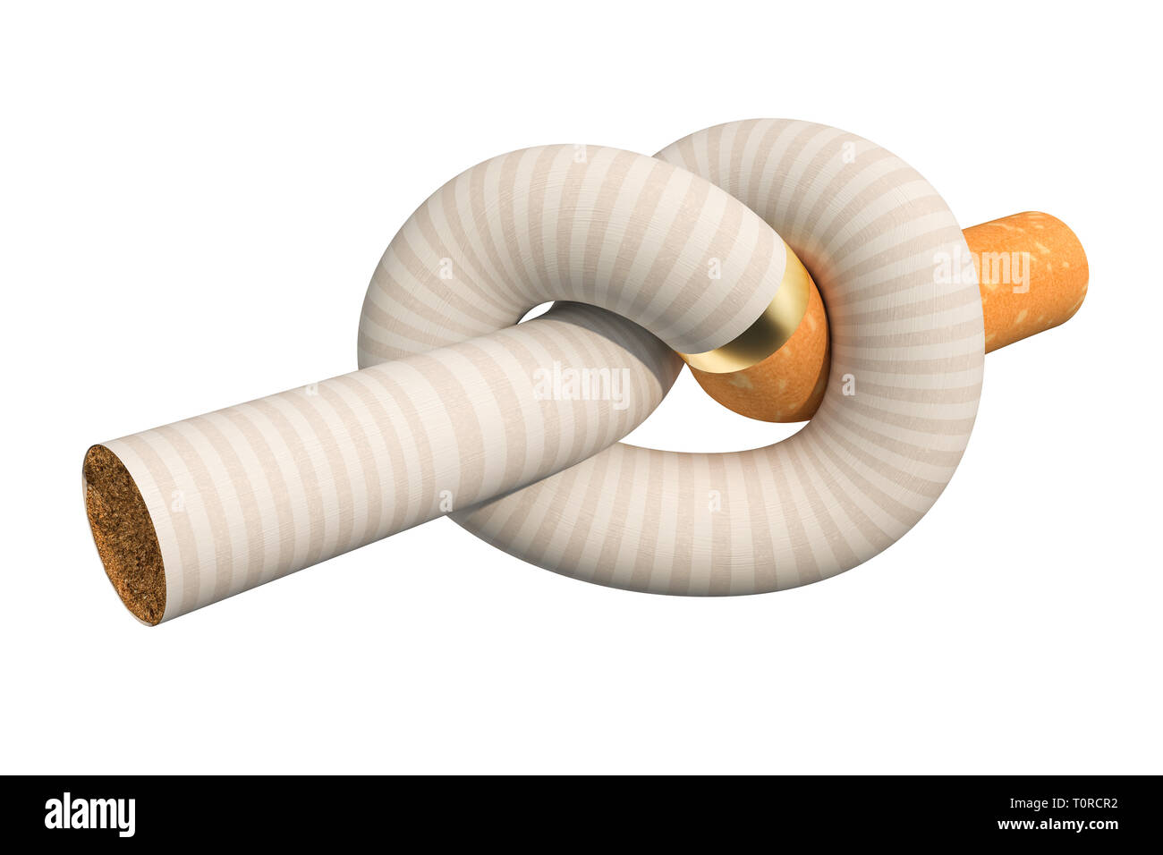 Rauchen aufhören Konzept, Zigarette zu einem Knoten gebunden, 3D-Rendering auf weißem Hintergrund Stockfoto